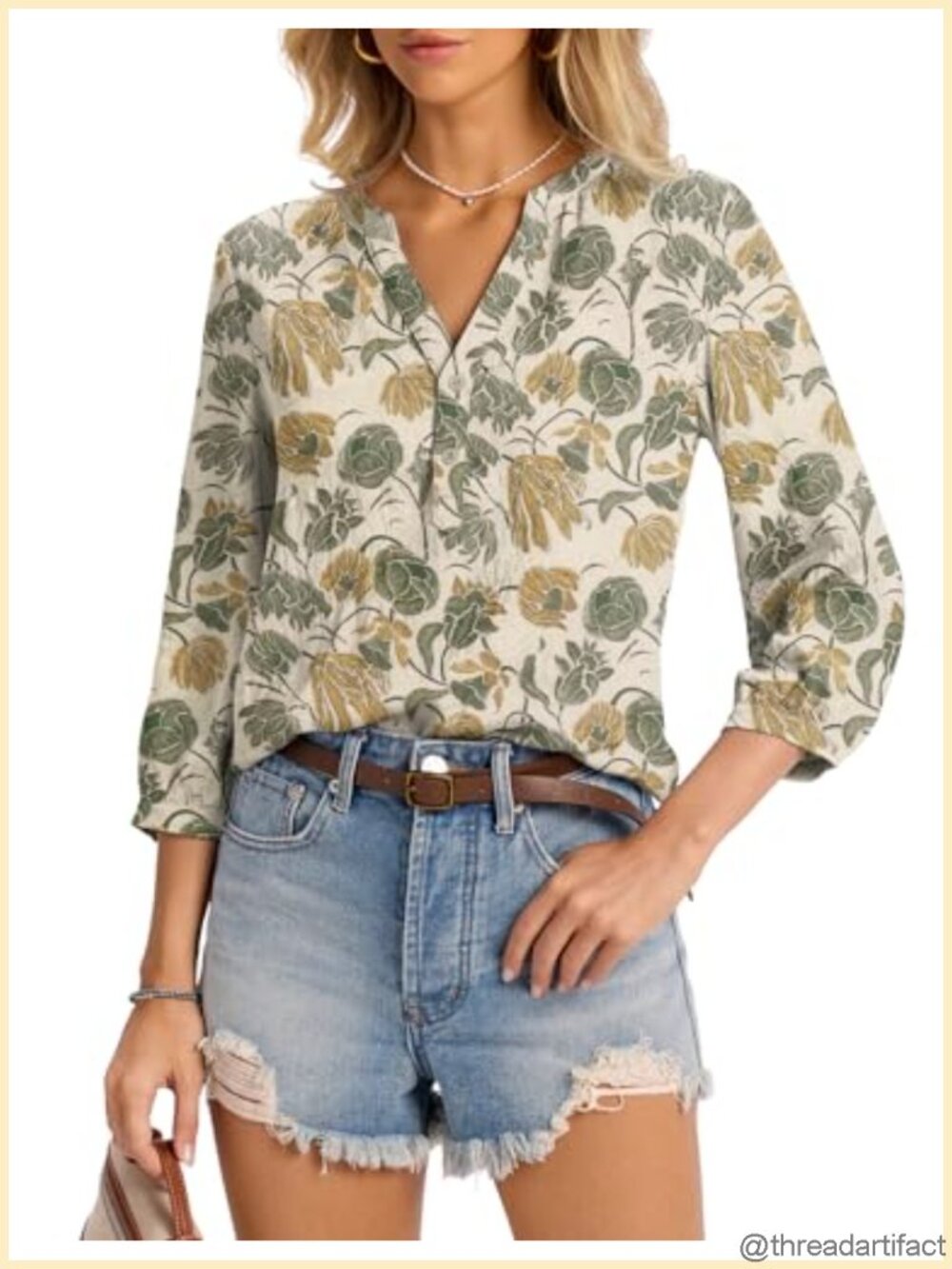 Womens Rayon Linen Tunic Top 3/4 Sleeve Henley V Neck Pleated Blouse